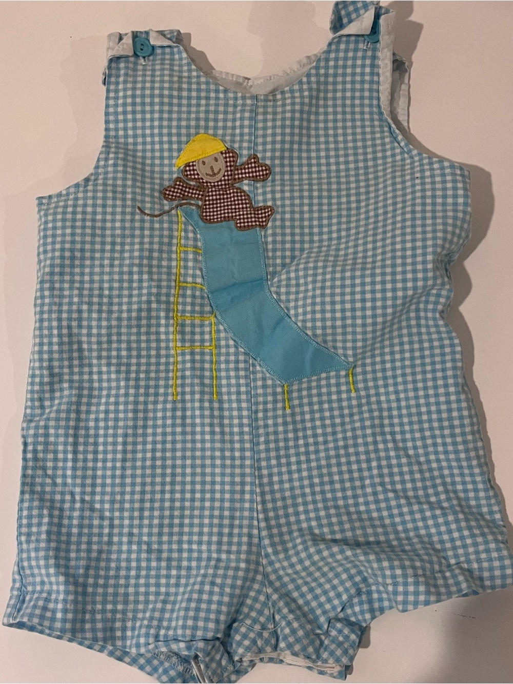 Funtasia Too Baby Boy Blue Checked Shortall With Monkey Appliqué 24 Months